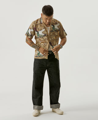 Ukiyo-e Tiger & Crane Pattern Aloha Shirt - Khaiki