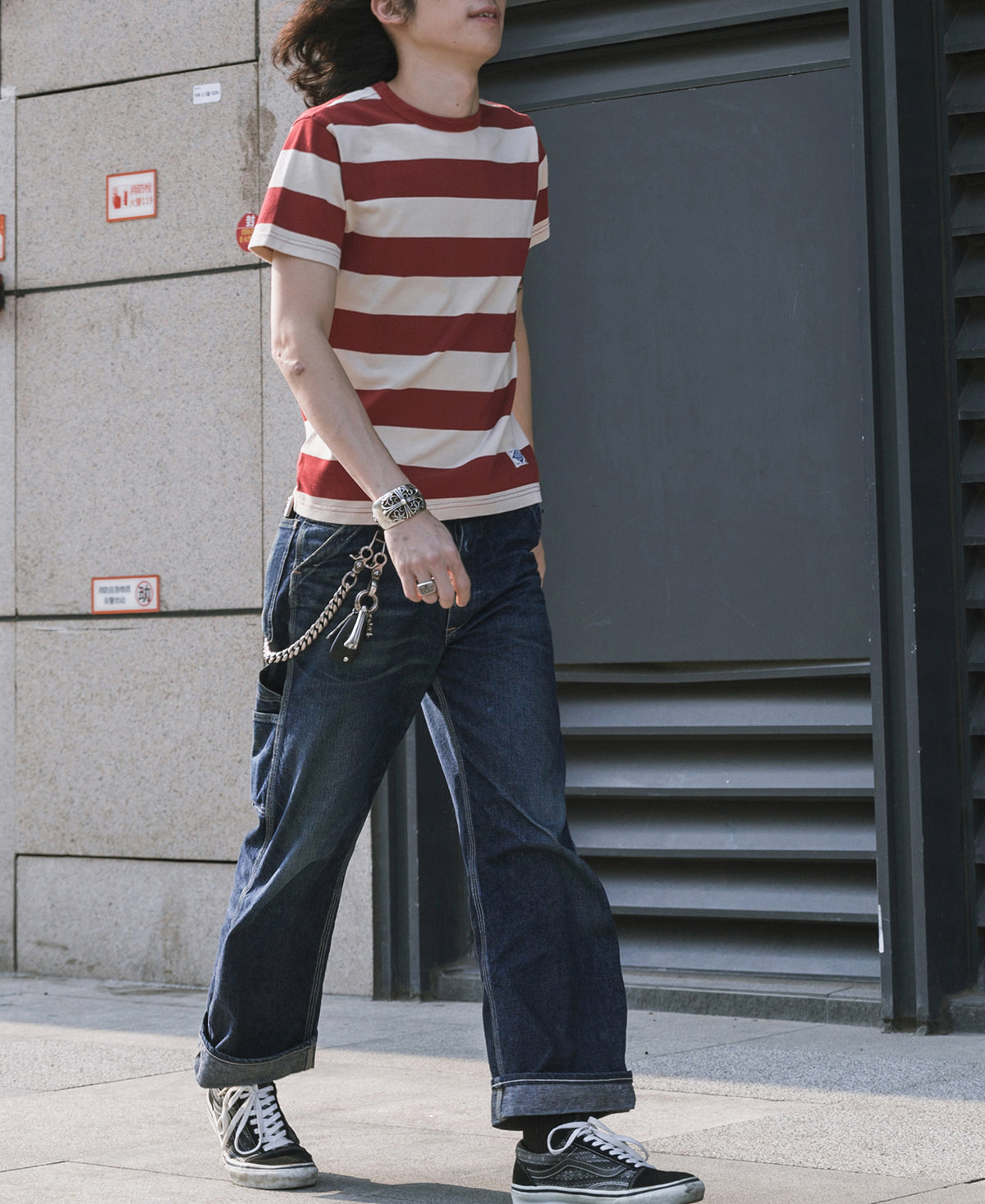 Heavyweight Cotton Wide Striped T-Shirt - Red/Apricot