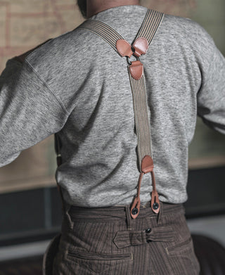 Hosenträger aus Leder im Old-Time-Stil mit Y-Rücken und Knöpfen – blau/gelb gestreift