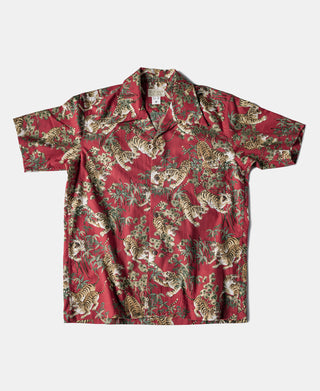 Lot AS08 Ukiyo-e Tiger & Bambo Pattern Aloha Shirt - Wine Red