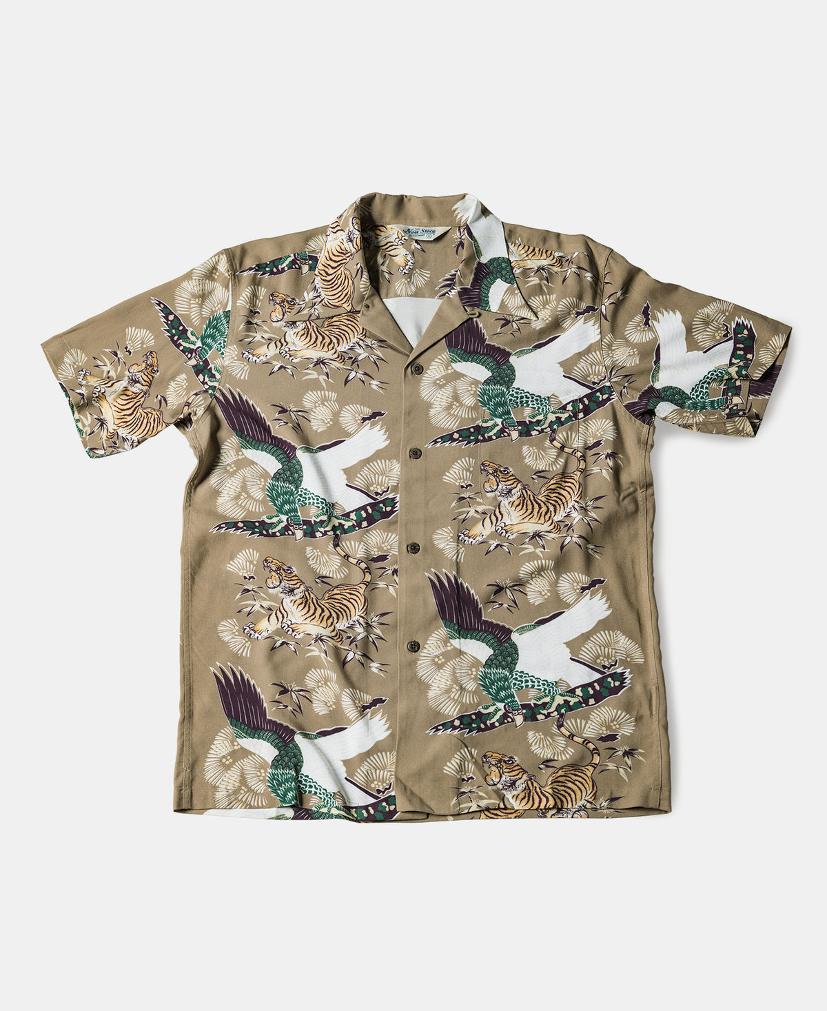 Ukiyo-e Tiger &amp; Crane Pattern Aloha Shirt - Khaiki