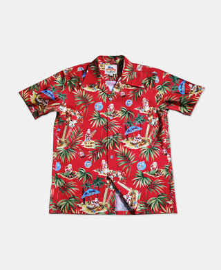 Santa Claus At Hawaiian Beach Print Aloha Shirt - Red