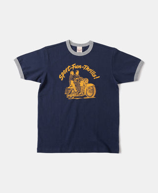Motorrad-Kurzarm-T-Shirt mit Retro-Rider-Print – Marineblau