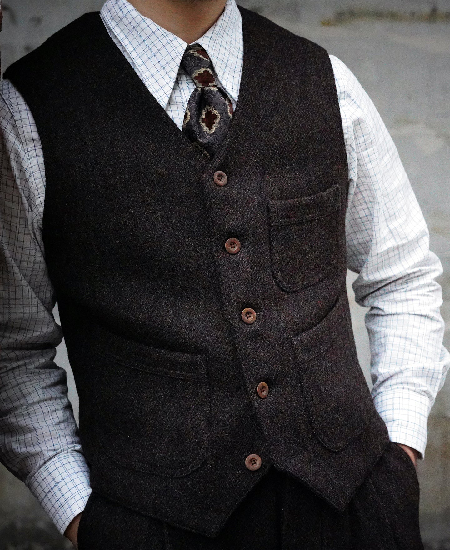 Chocolate Brown Tweed Full Back Hunting Vest | 100% Wool | Olderbest