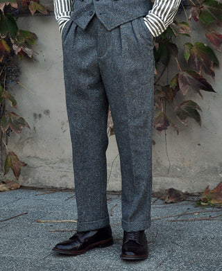 40er-Jahre-Hose aus farbigem, gesprenkeltem Hollywood-Tweed mit Bund