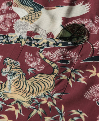 Ukiyo-e Tiger & Crane Pattern Aloha Shirt - Wine Red