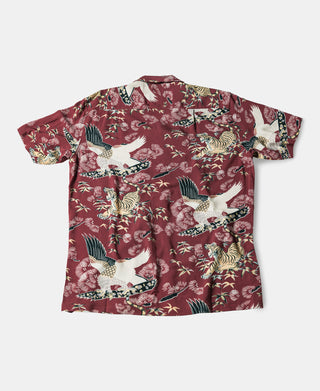 Ukiyo-e Aloha-Shirt mit Tiger- und Kranichmuster – Weinrot