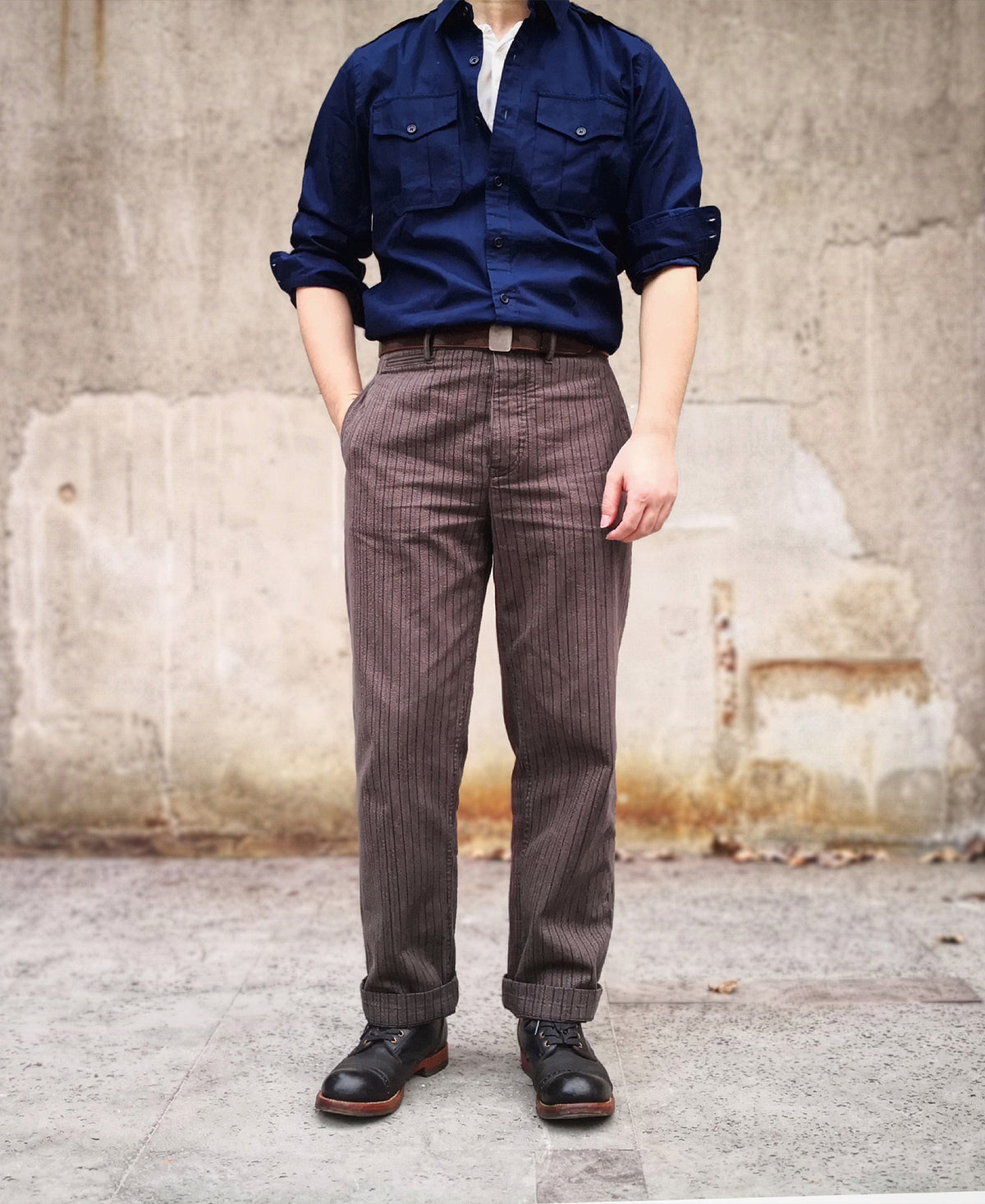 French Salt &amp; Pepper Striped Chambray Work Trousers