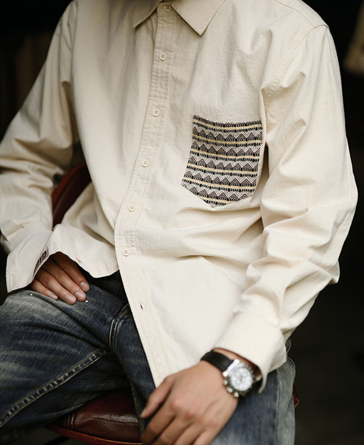 Ethnic Patch Pocket Long Sleeve Shirt