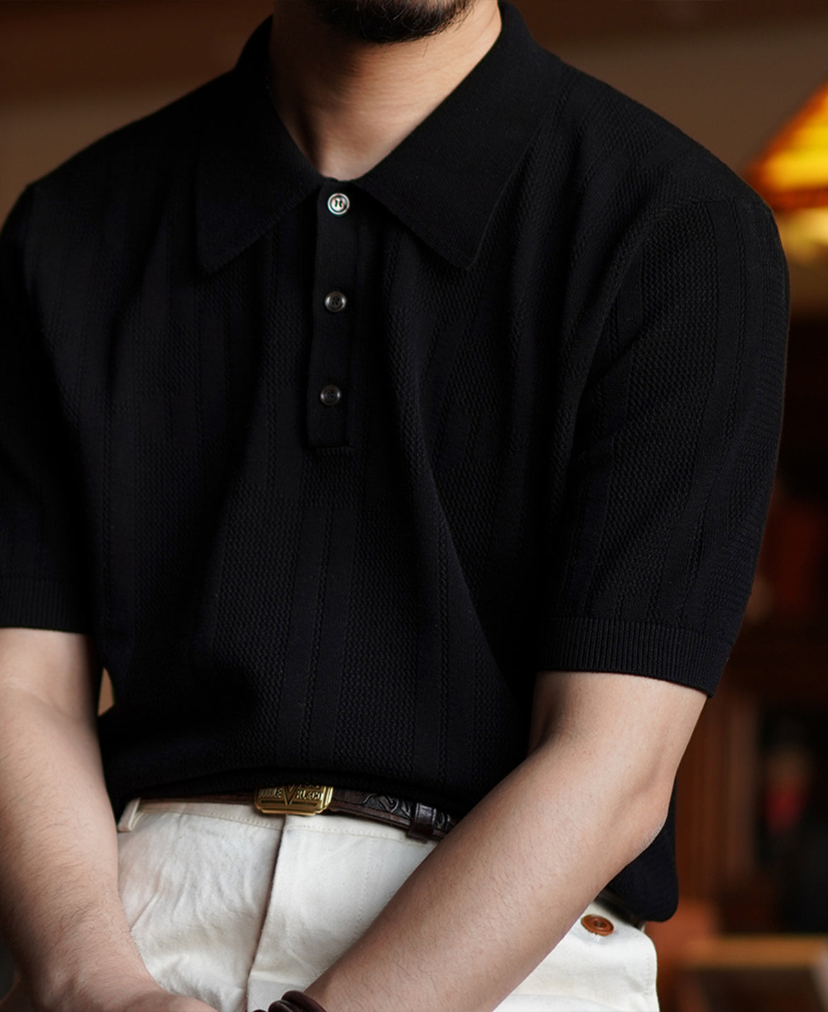 Retro Knitted Jacquard Polo Shirt - Black