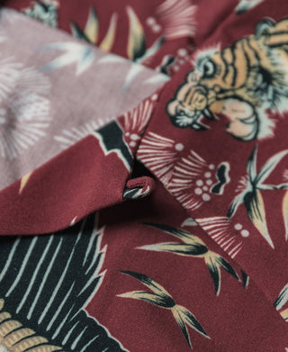 Ukiyo-e Tiger & Crane Pattern Aloha Shirt - Wine Red