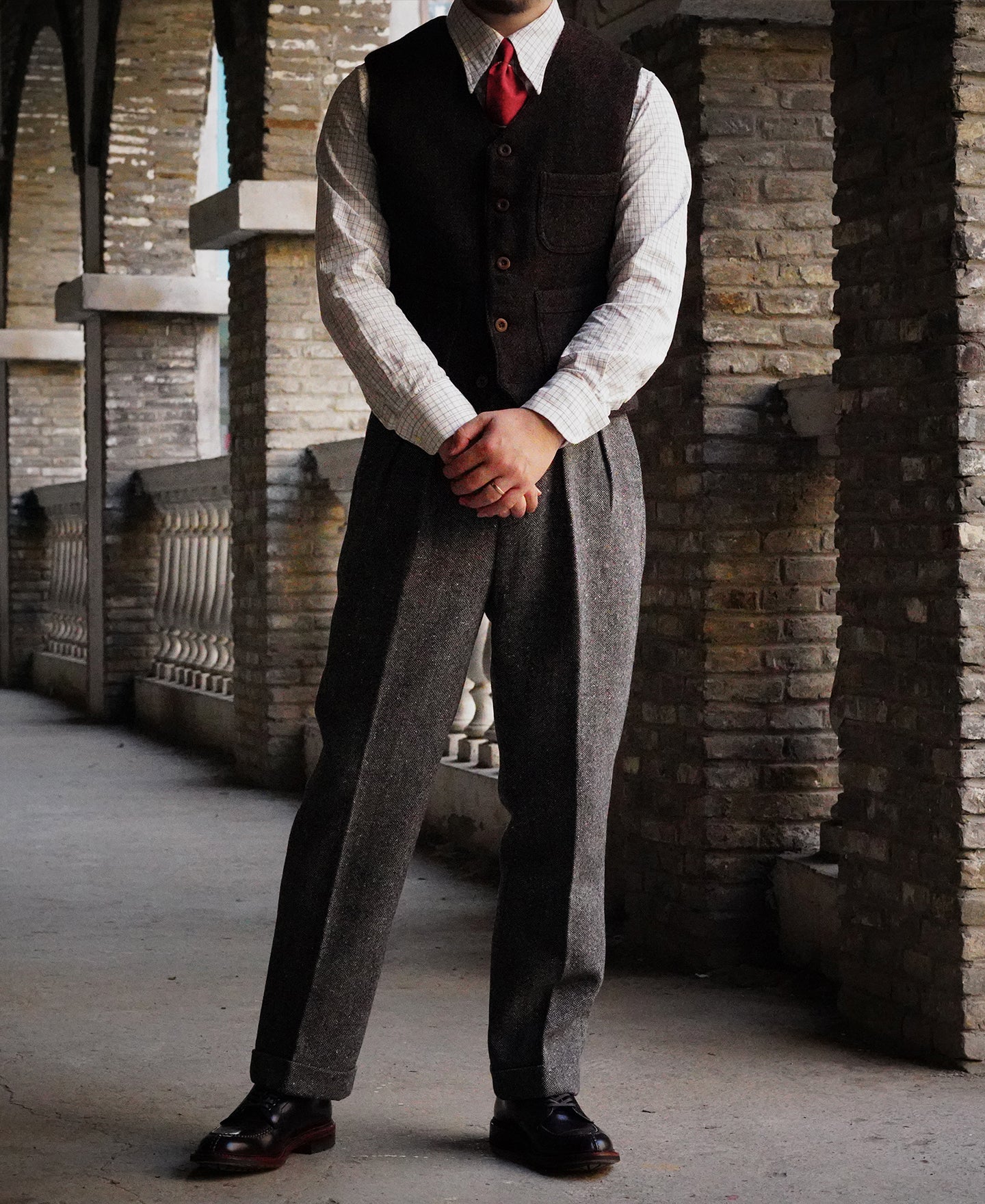 Chocolate Brown Tweed Full Back Hunting Vest | 100% Wool | Olderbest