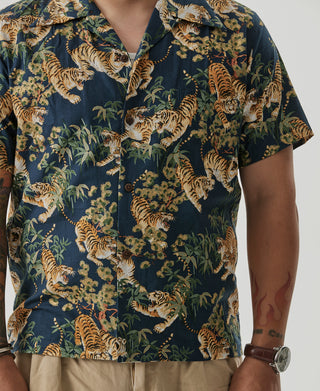 Lot AS08 Ukiyo-e Tiger & Bambo Pattern Aloha Shirt - Navy